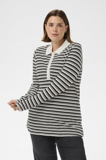 Kaffe Curve Miana Long Sleeve Polo Chalk with Black Stripe - Poloshirts - 