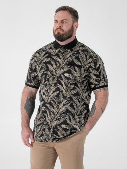 D555 Palmer Leaf Printed Jacquard Collar & Cuff Chest Pocket Polo Black - Polo shirts - Grote Maten Poloshirts Heren