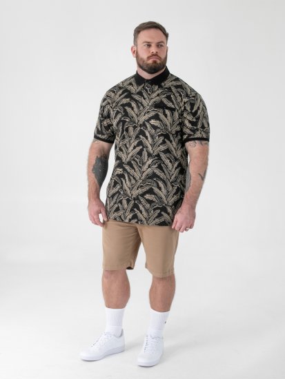 D555 Palmer Leaf Printed Jacquard Collar & Cuff Chest Pocket Polo Black - Polo shirts - Grote Maten Poloshirts Heren