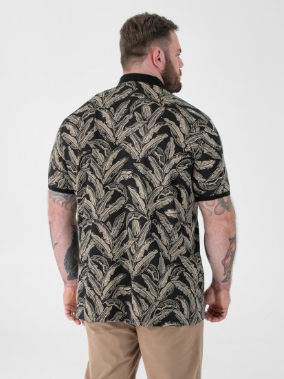 D555 Palmer Leaf Printed Jacquard Collar & Cuff Chest Pocket Polo Black - Polo shirts - Grote Maten Poloshirts Heren