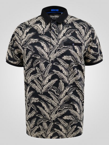 D555 Palmer Leaf Printed Jacquard Collar & Cuff Chest Pocket Polo Black - Polo shirts - Grote Maten Poloshirts Heren