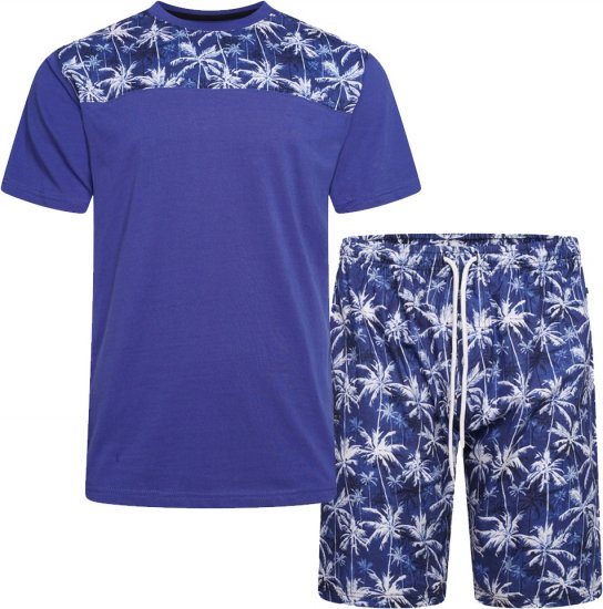 Kam Jeans 5002 Palm Tree Panel Tee And Short Set Electric Blue - T-shirts - Grote Maten T-shirts Heren