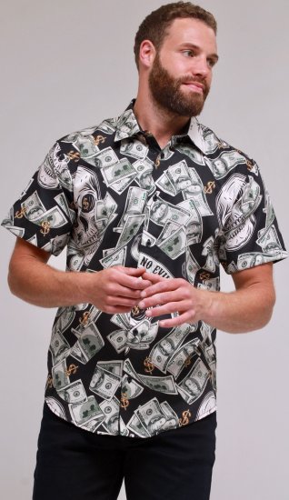 Kam Jeans 6064 Dollar Bills Print Short Sleeve Shirt Black - Hemden - Overhemden Grote Maten Heren