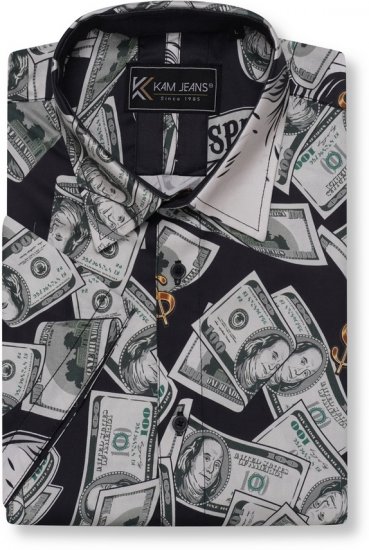 Kam Jeans 6064 Dollar Bills Print Short Sleeve Shirt Black - Hemden - Overhemden Grote Maten Heren