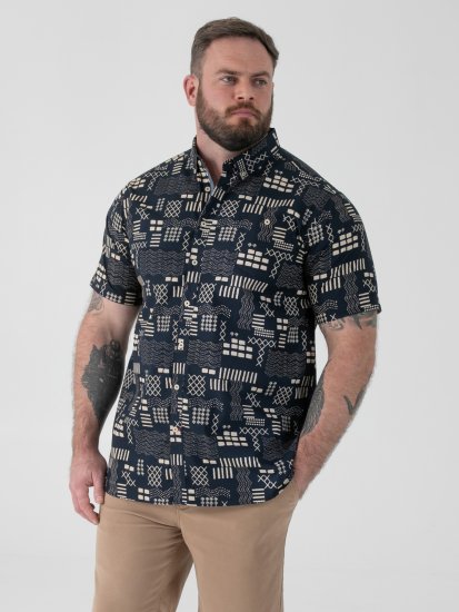 D555 Rick Geometric Print Short Sleeve Shirt Navy - Hemden - Overhemden Grote Maten Heren