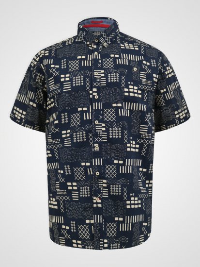 D555 Rick Geometric Print Short Sleeve Shirt Navy - Hemden - Overhemden Grote Maten Heren