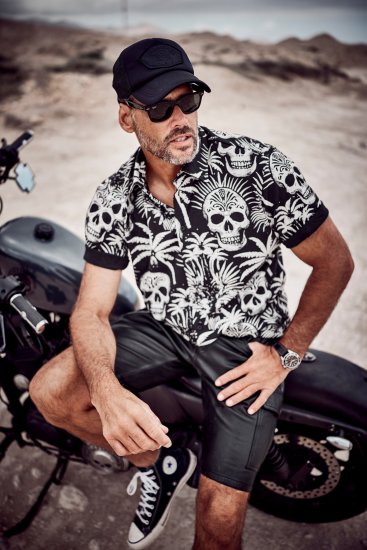 JP1880 Skull Pattern Jersey Short Sleeve Shirt Black - Hemden - Overhemden Grote Maten Heren