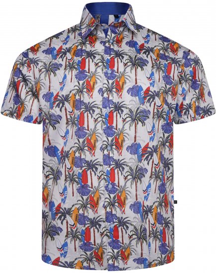 Kam Jeans 6060 Palm Tree and Surf Boards Short Sleeve Shirt White - Hemden - Overhemden Grote Maten Heren