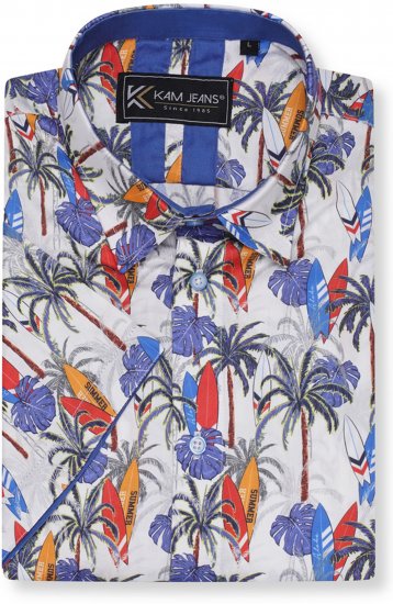 Kam Jeans 6060 Palm Tree and Surf Boards Short Sleeve Shirt White - Hemden - Overhemden Grote Maten Heren