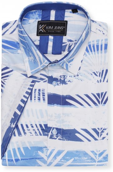 Kam Jeans 6065 Faded Leaf Short Sleeve Shirt Blue - Hemden - Overhemden Grote Maten Heren