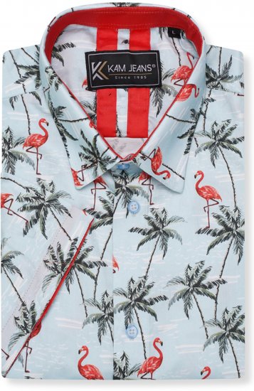 Kam Jeans 6067 Flamingo and Palm Tree Short Sleeve Shirt Blue - Hemden - Overhemden Grote Maten Heren