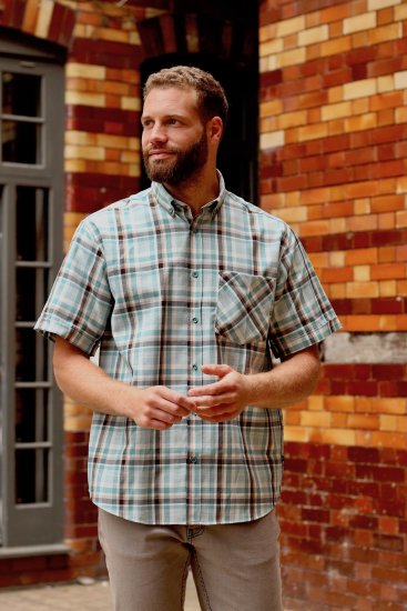 Kam Jeans 6339 Checked Short Sleeve Shirt Mineral Blue - Hemden - Overhemden Grote Maten Heren