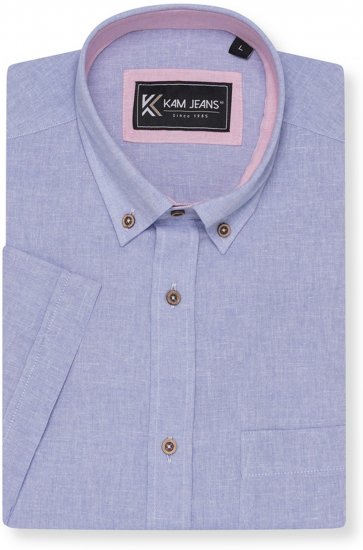 Kam Jeans 6340 Linen Mix Short Sleeve Shirt Blue - Hemden - Overhemden Grote Maten Heren