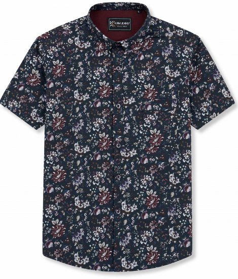 Kam Jeans 6387 Floral Print Short Sleeve Shirt Navy - Shirts met korte mouwen - Grote Maten Overhemden Korte Mouw