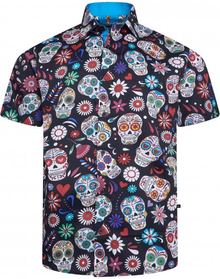Kam Jeans 6069 Skull Print Short Sleeve Black - Hemden - Overhemden Grote Maten Heren