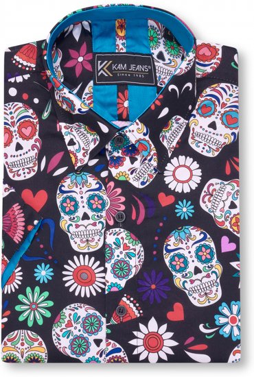 Kam Jeans 6069 Skull Print Short Sleeve Black - Hemden - Overhemden Grote Maten Heren
