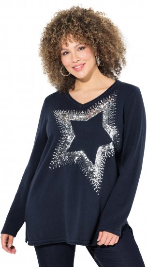 Ulla Popken Sequined Star Rolled Edge Sweater Navy - Sweaters & hoodies - 