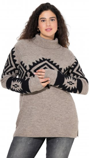 Ulla Popken Aztec Pattern Turtleneck Sweater Pebble Grey - Sweaters & hoodies - 