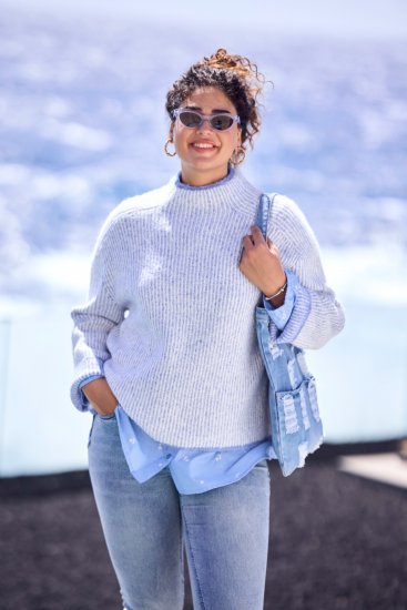 Ulla Popken Striped Wool Blend Turtleneck Sweater Sky Blue - Sweaters & hoodies - 