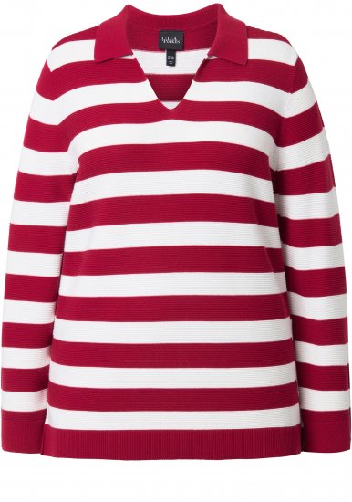 Ulla Popken Striped Polo Collar Long Sleeve Sweater Ruby Red - Sweaters & hoodies - 