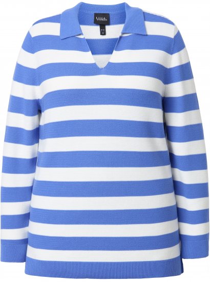 Ulla Popken Striped Polo Collar Long Sleeve Sweater Aegean Blue - Sweaters & hoodies - 