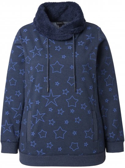 Ulla Popken Teddy Collar Printed Sweatshirt Navy - Sweaters & hoodies - 