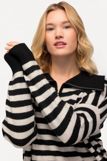 Ulla Popken Striped Troyer Collar Sweater Black - Sweaters & hoodies - Warme Sweaters, Hoodies & Truien