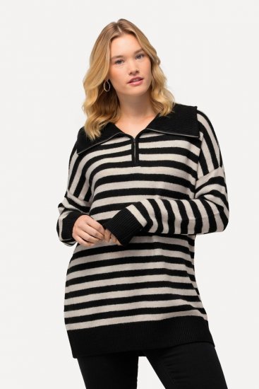 Ulla Popken Striped Troyer Collar Sweater Black - Sweaters & hoodies - Warme Sweaters, Hoodies & Truien