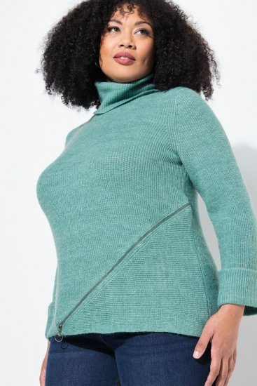 Ulla Popken Asymmetric Zipper Turtleneck Sweater Green - Sweaters & hoodies - Warme Sweaters, Hoodies & Truien