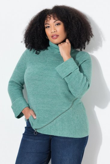Ulla Popken Asymmetric Zipper Turtleneck Sweater Green - Sweaters & hoodies - Warme Sweaters, Hoodies & Truien