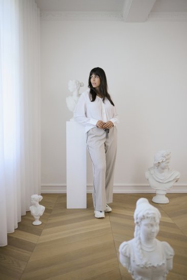 Kaffe Curve Sirana Pants Beige Melange/Black Stripe - Stoffen broeken - 