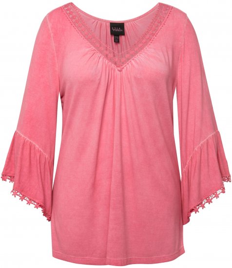 Ulla Popken Trumpet Sleeve Cold Dyed Tee Dark Pink - Bedrukte T-shirts voor dames - 