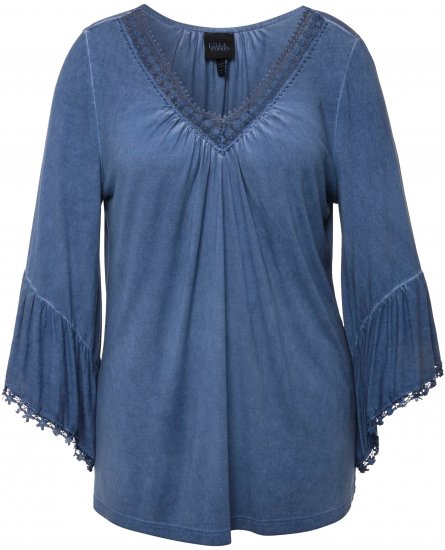 Ulla Popken Trumpet Sleeve Cold Dyed Tee Dove Blue - Bedrukte T-shirts voor dames - 