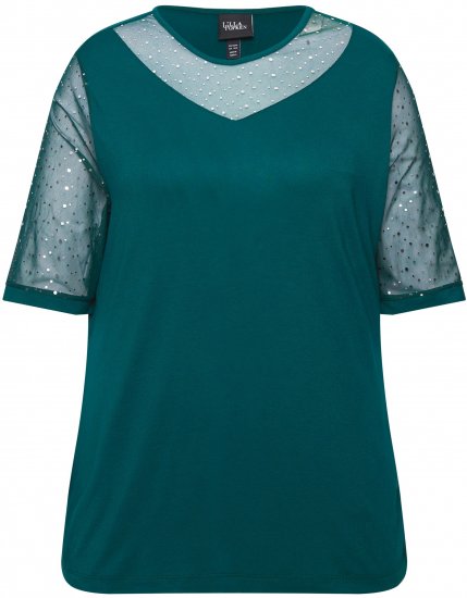 Ulla Popken Sequined Mesh Sleeve Blouse Dark Green - T-shirts - 
