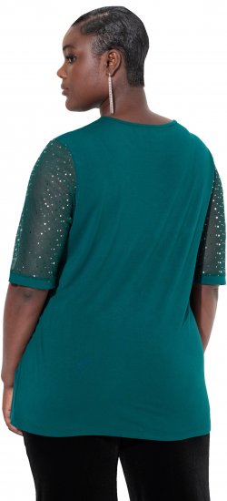 Ulla Popken Sequined Mesh Sleeve Blouse Dark Green - T-shirts - 