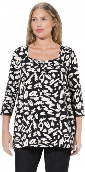 Ulla Popken Scribble Print Square Neck 3/4 Sleeve Tee Black - Bedrukte T-shirts voor dames - 
