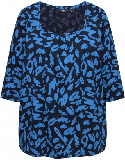 Ulla Popken Scribble Print Square Neck 3/4 Sleeve Tee Navy - Bedrukte T-shirts voor dames - 