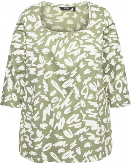 Ulla Popken Scribble Print Square Neck 3/4 Sleeve Tee Sage Green - Bedrukte T-shirts voor dames - 