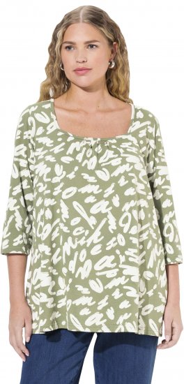Ulla Popken Scribble Print Square Neck 3/4 Sleeve Tee Sage Green - Bedrukte T-shirts voor dames - 