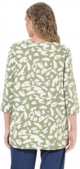 Ulla Popken Scribble Print Square Neck 3/4 Sleeve Tee Sage Green - Bedrukte T-shirts voor dames - 