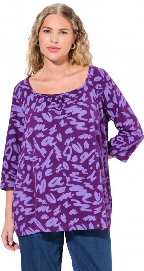 Ulla Popken Scribble Print Square Neck 3/4 Sleeve Tee Violet - Bedrukte T-shirts voor dames - 