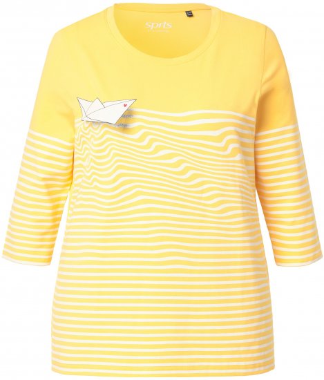 Ulla Popken Paper Boat Print 3/4 Sleeve Tee Sun Yellow - Bedrukte T-shirts voor dames - 