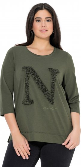 Ulla Popken Textured Lettering 3/4 Sleeve Tee Olive - Bedrukte T-shirts voor dames - 