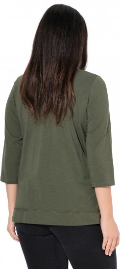 Ulla Popken Textured Lettering 3/4 Sleeve Tee Olive - Bedrukte T-shirts voor dames - 