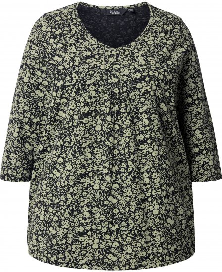 Ulla Popken Pleated Floral Print 3/4 Sleeve Tee Pond Green - Bedrukte T-shirts voor dames - 