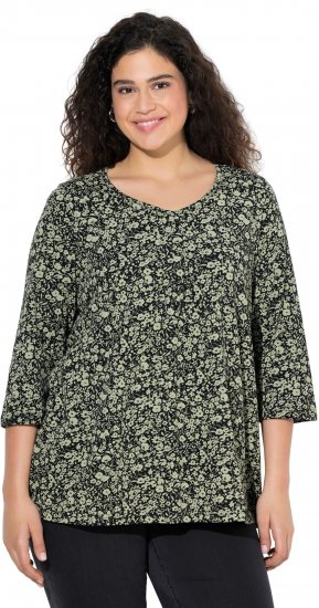 Ulla Popken Pleated Floral Print 3/4 Sleeve Tee Pond Green - Bedrukte T-shirts voor dames - 