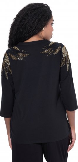 Ulla Popken Feather Beadwork 3/4 Sleeve Top Black - Bedrukte T-shirts voor dames - 