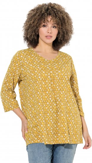 Ulla Popken Graphic Print Pleated 3/4 Sleeve Tee Mocha Brown - T-shirts - 