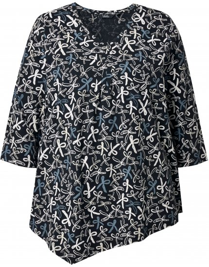 Ulla Popken Ribbon Print 3/4 Sleeve Asymmetric Tee Black - Bedrukte T-shirts voor dames - 