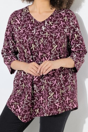 Ulla Popken Ribbon Print 3/4 Sleeve Asymmetric Tee Plum - Bedrukte T-shirts voor dames - Dames-T-shirts met print